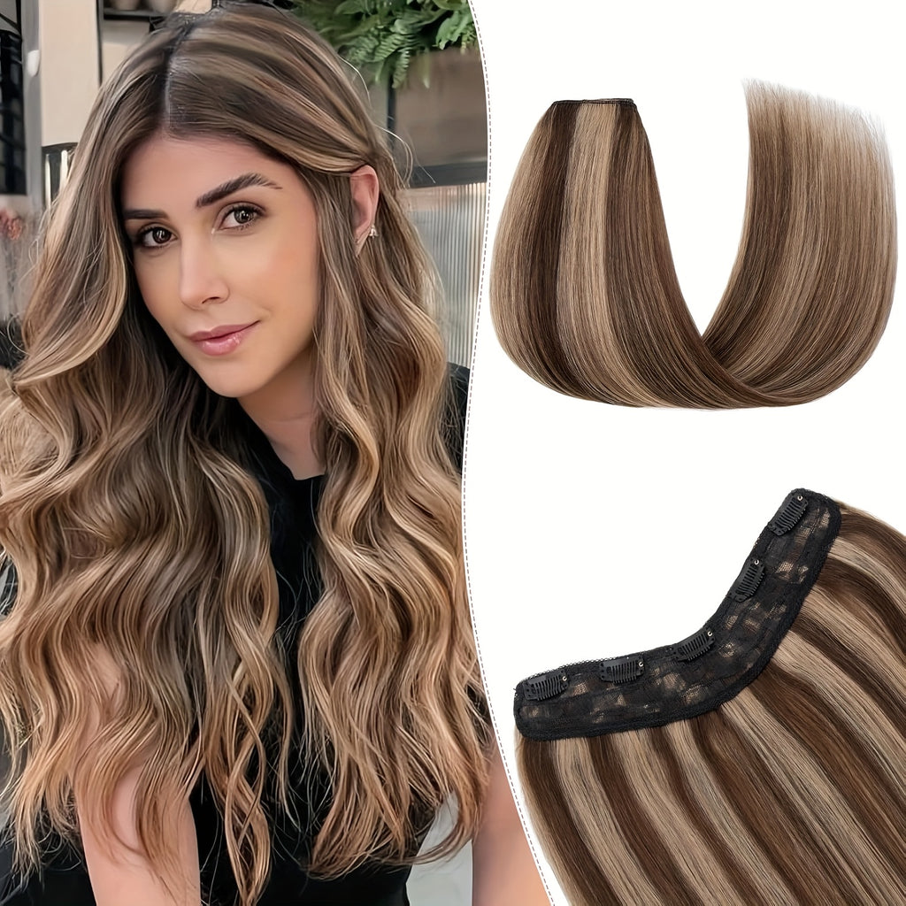 V Shape Clip Hair Extensions Human Hair 30.48-55.88 cm Ombre Sandy Blonde to Caramel Blonde Highlight One Hairpiece Clip In Hair Extension Human Hair with Seamless Weft Silky Straight for Women