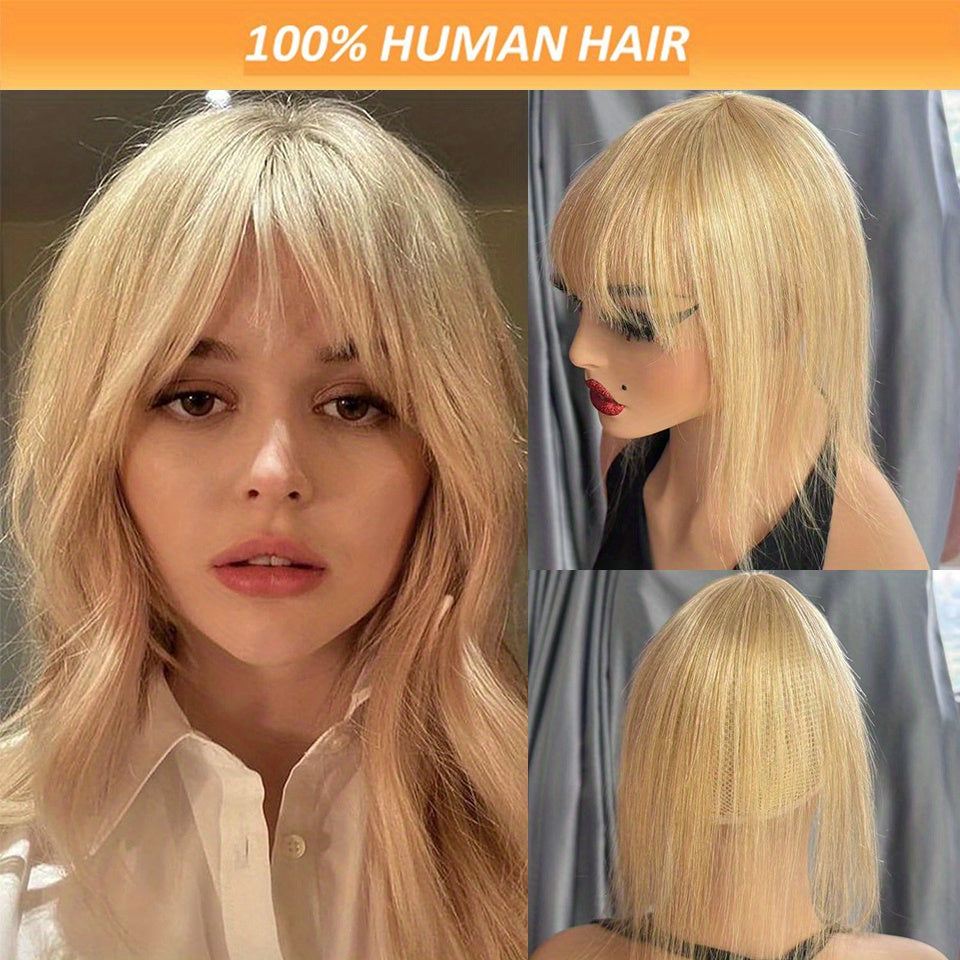 100% Human Hair Clip-In Toppers with Bangs - T-Part Straight Hair Extensions #12P613 Golden Brown & Bleach Blonde for Thin Hair, Daily Use & Special Occasions, Elegant Style for Women of All Ethnicities, Versatile Hairpiece, Secure Clip Attachments