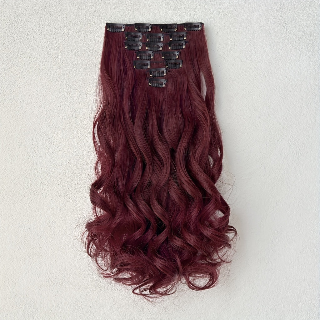 Synthetic Hair Extensions in Black-Brown with 16 Clips, Measuring 22-24 Inches in Length, Featuring a Water Wave Style. This Set Includes 7pcs, Perfect for a Full Head Look for Women.