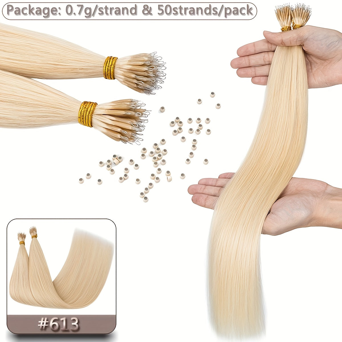 35g 50pcs Nano Rings Human Hair Extensions Micro Links Hair Nano Bead Prebonded Straight Blonde Hair 0.7g/strand