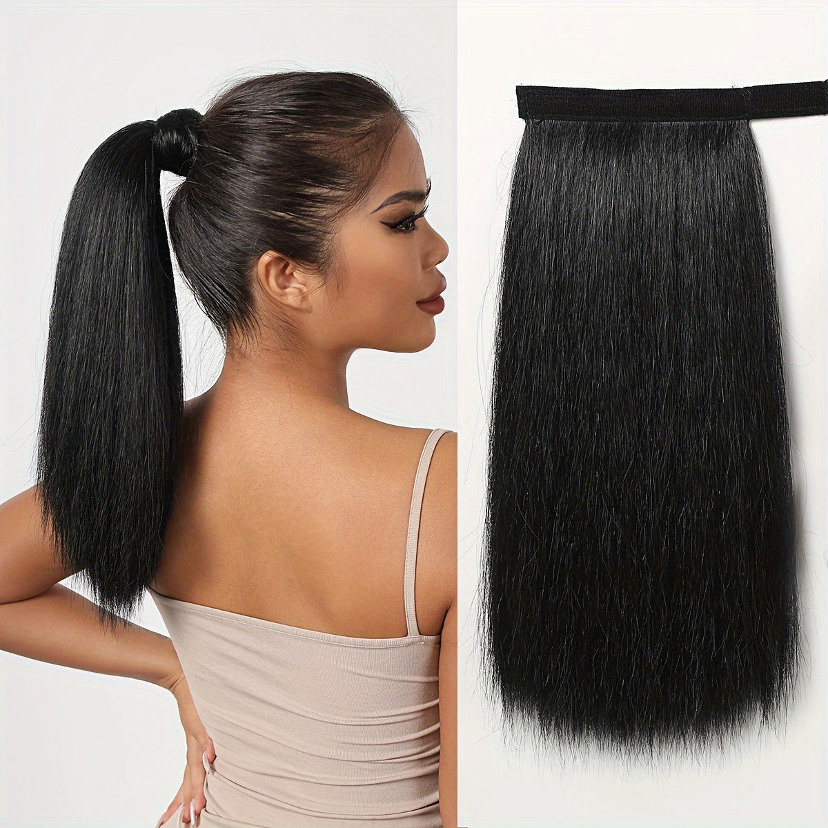 [16" Synthetic Ponytail] Haircube 16 Inch Straight Ponytail Hair Extension | 90g Synthetic Clip-In Long Hair Wrap with Magic Drawstring | Versatile for All Women, Suitable for Birthday Party, Wedding Reception, Mother's day gift